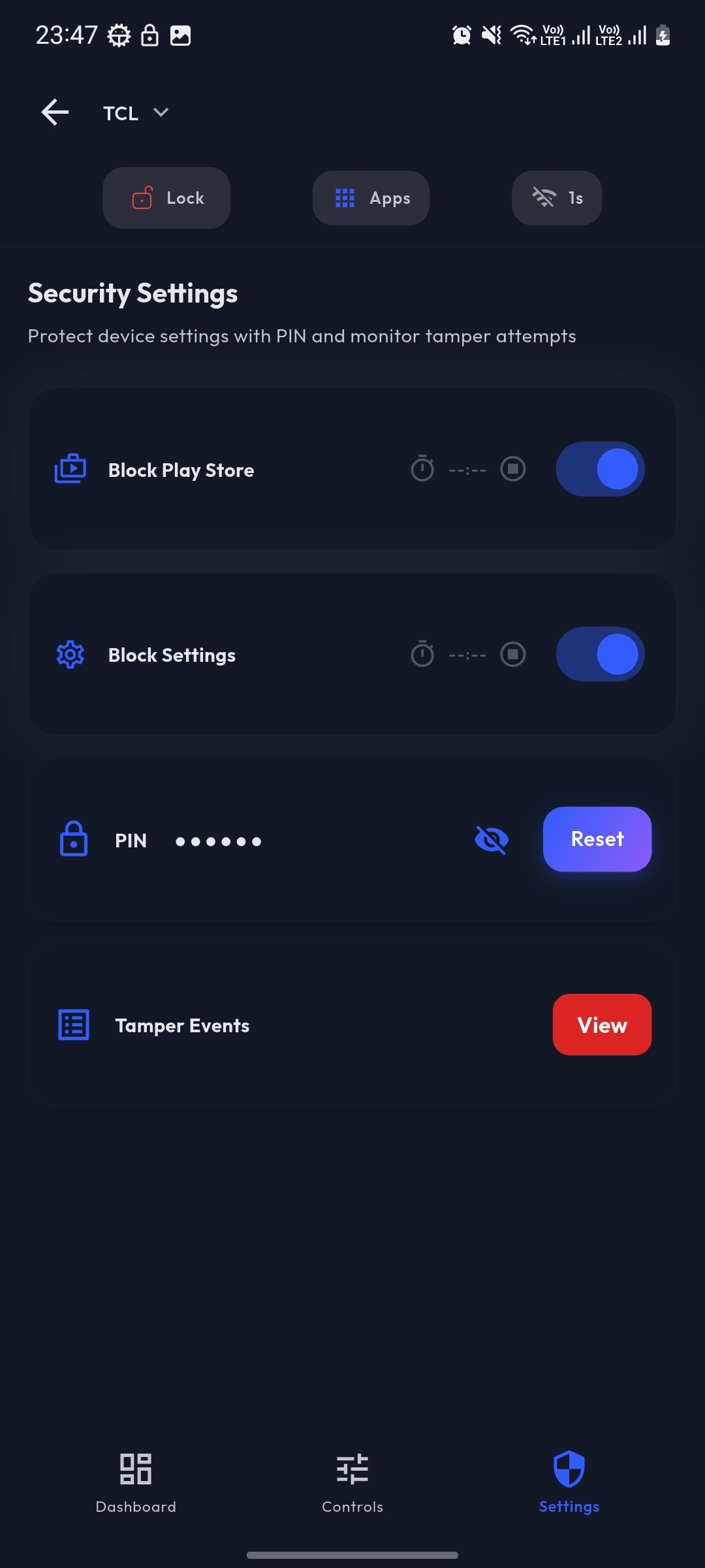 Controlled App device management screen